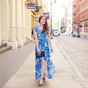 Eliza J Blue High Low Floral Wrap Dress